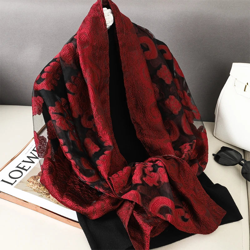 Fashion Women Cut Flowers Hollow Lace Gradient Flower Silk Scarf Spring Shawls and Wraps Towel Femme Beach Sjaals