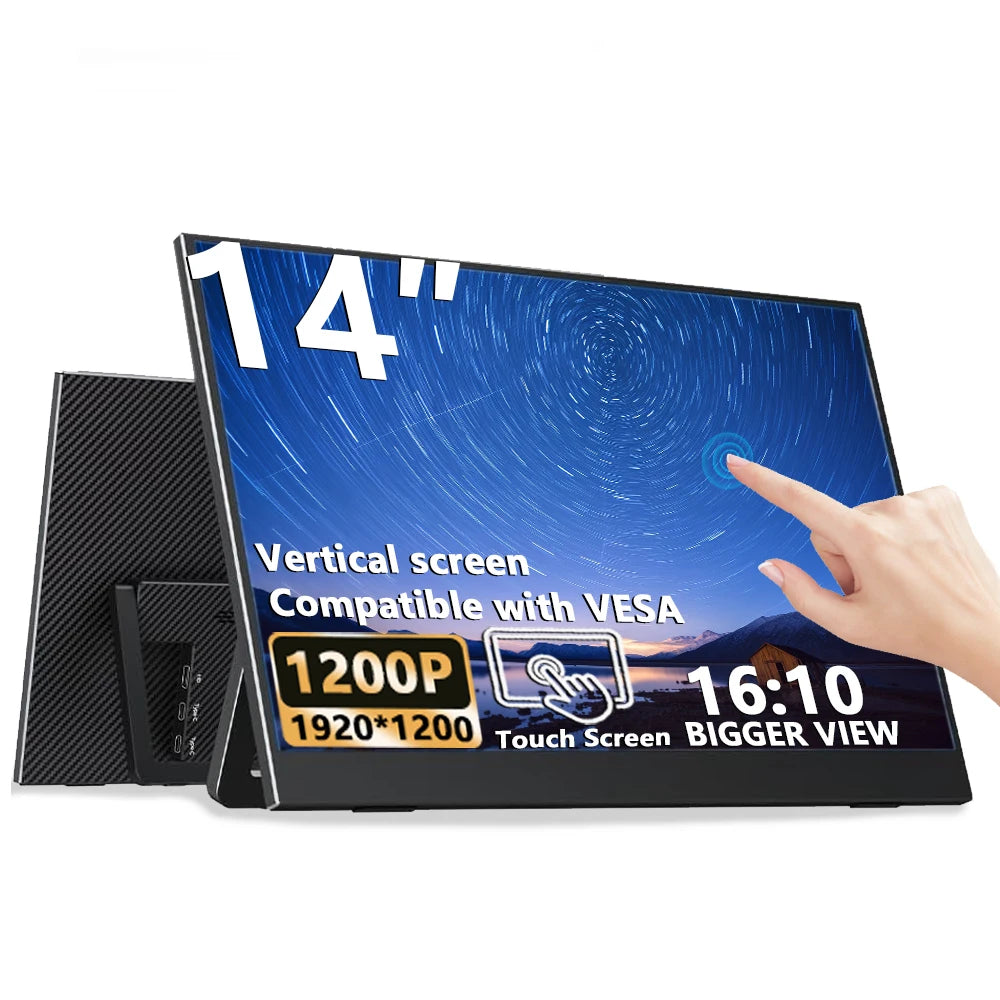 14 Inch Touch Portable Monitor Carbon Fiber 1920×1200 16:10 60Hz IPS Screen Built-in Kickstand External Display For Laptop Phone