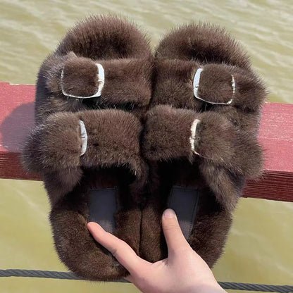 Luxury Designer Slipper Women 2025 Winter European Fashion Women's Shoes Ladies Slippers 100% Mink Slippers Shoes for Woman
