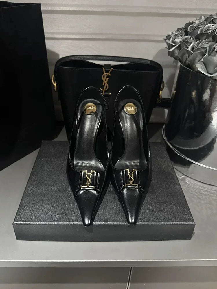 Pointed Toe Patent Leather Pumps Women Metal Decor Shallow Mouth Thin Heel Sandals Spring Summer Party Dress Shoes Single Shoes
