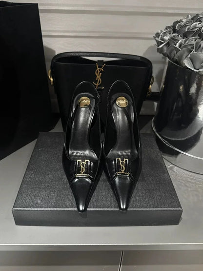 Pointed Toe Patent Leather Pumps Women Metal Decor Shallow Mouth Thin Heel Sandals Spring Summer Party Dress Shoes Single Shoes