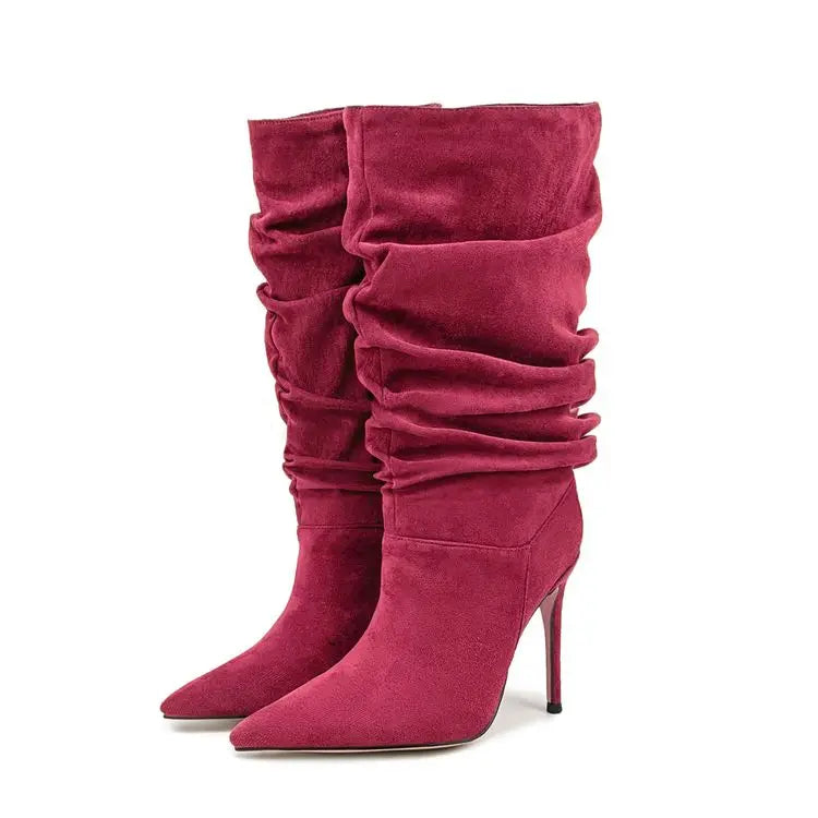 2025Women's Autumn and Winter New Pleated High-heeled Short Boots with Pointed Sleeves, Women's 35-47 Large Mid Length Boots