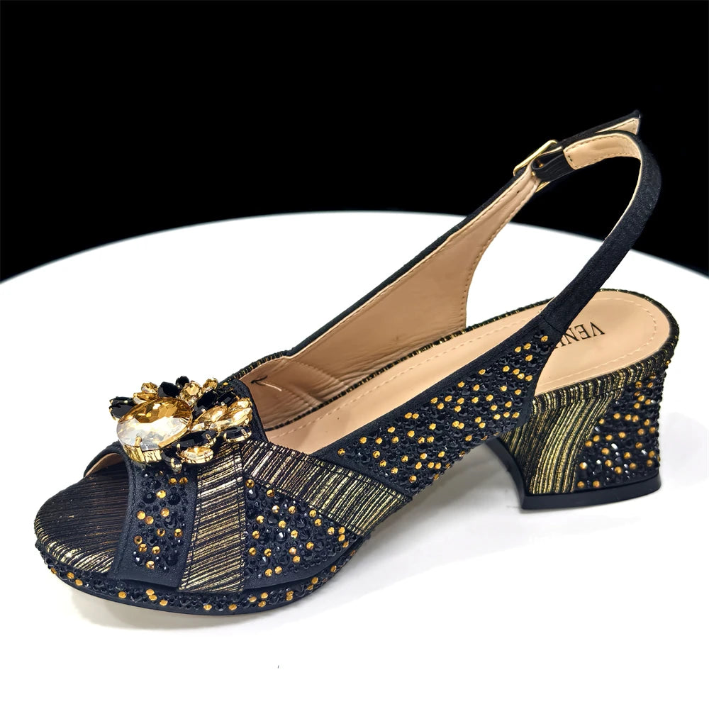 2025 Elegant Green Peep-Toe Heel Pumps for Women with Diamond Accents - Italian Matching Shoes and Bags Set for Parties