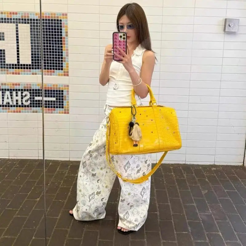 Tote Bag Women Crocodile Grain 2025 Fashion Vintage Diamond PU High-Capacity Shoulder Bag Handbag Euro-America Style