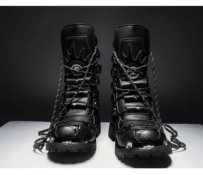 Men Motorcycle Boots Fashion Mid-Calf Punk Rock Punk PU Leather Black High Top Mens Casual Boot Steel Toe Shoes Big Size 38-46