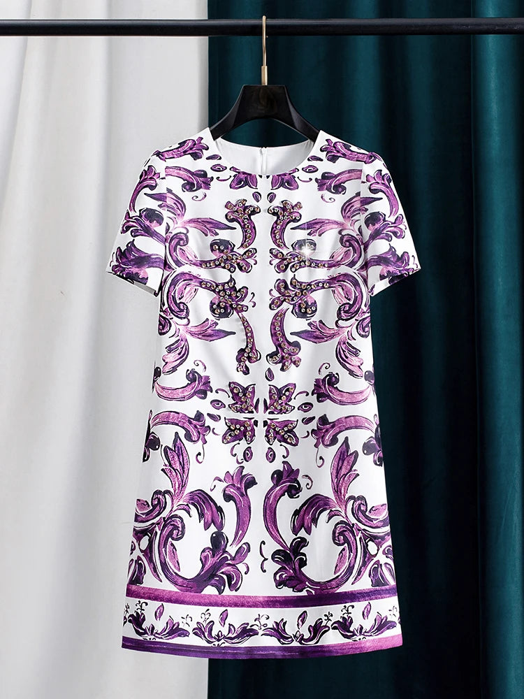 Women Purple Blue and White Porcelain Print Dress Beaded Short Sleeve Loose Straight Summer Casual Midi Dress 2026