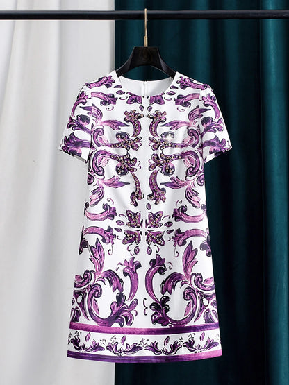 Women Purple Blue and White Porcelain Print Dress Beaded Short Sleeve Loose Straight Summer Casual Midi Dress 2026