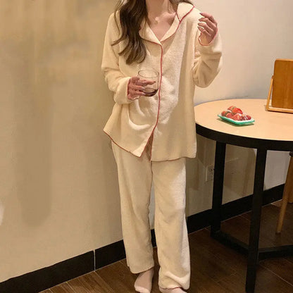 Flannel Women's Pajamas Sets Casual Autumn Winter Sleepwear Velvet Pyjama Ladies Cardigan Simple Bedroom Soft Warm Home Clothes