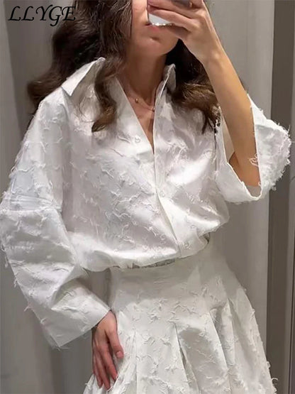 Elegant Fringe Skirts Sets 2 Pieces Women Lapel Buttons Long Sleeve Blouses Pleated A-line Long Skirts 2025 Summer Chic Outfits