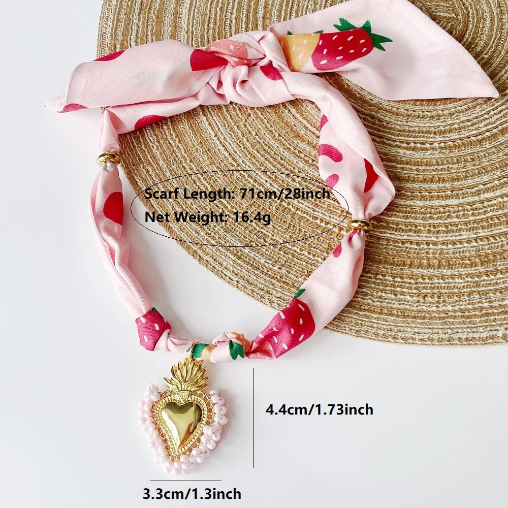Women’s Fashion Scarf Necklace with Large Stainless Steel Heart Pendant Stackable Bandana Jewelry
