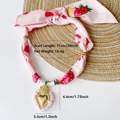 Women’s Fashion Scarf Necklace with Large Stainless Steel Heart Pendant Stackable Bandana Jewelry