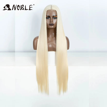 Noble 38 Inch Extra Long Straight Synthetic Lace Front Wig Skunk Stripe Grey White Ombre Glueless Heat Resistant Wig For Women