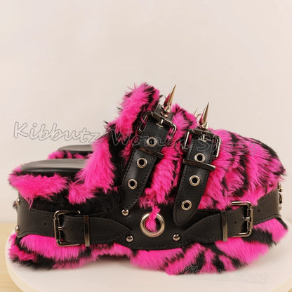 Rivets Slipper Furry Sandals Platform Round Toe Thick Bottom Spicy Girl Shoes Punk Rock Novelty Fashion Luxury Elegant Concise