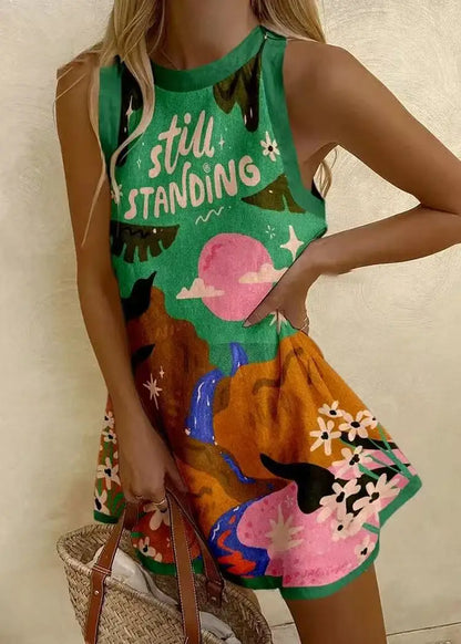 Women Sleeveless Dress Cute Sardines Fish Graphic Print Summer New Short Dress Beach Vacation Party Girl Skirts Dress