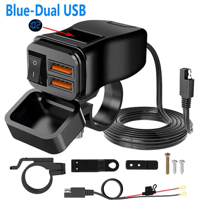 PD+QC3.0 Motorcycle USB Fast Charger 60W Handlebar Dual USB Socket with Switch Voltmeter Waterproof 12V Power Supply Adapter