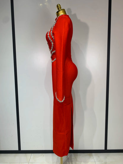 Women Sexy Long Sleeve Diamonds Maxi Long Bodycon Bandage Dress 2025 Celebrity Elegant Evening Party Luxury Birthday Dresses