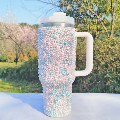 40oz Stainless Steel Vacuum Insulated Tumbler with Rhinestone Handle - Glittery Rhinestone Design
