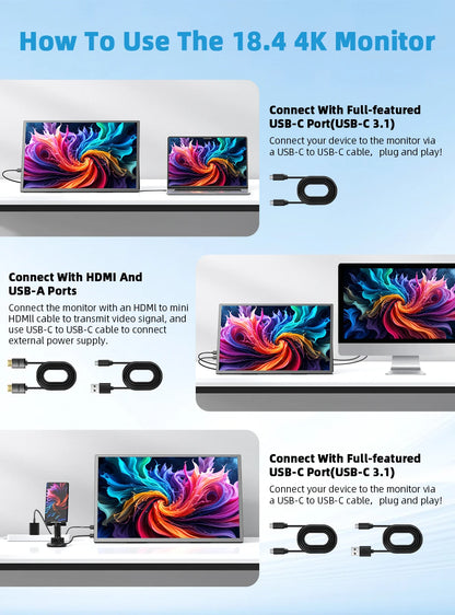 UPERFECT QLED 18.4" 4K UHD Laptop Monitor w/ HDMI USB C 3.1 For XBOX PS5 Ultrawide Game View Display PC Mac Phone Extend Screen