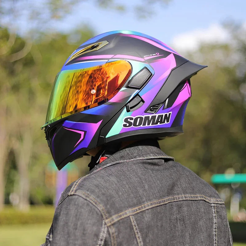 SOMAN Full Face Helmet Dual Lens Flip Up Motorcycle Helmets Casco Accessories Men Women Casque Moto Racing DOT Approved Visor