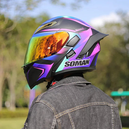 SOMAN Full Face Helmet Dual Lens Flip Up Motorcycle Helmets Casco Accessories Men Women Casque Moto Racing DOT Approved Visor
