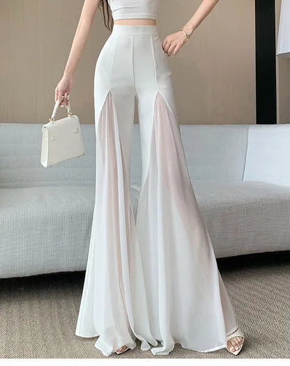White mesh fishtail flared pants women summer thin design high waist hanging feeling elegant chiffon wide leg casual pants