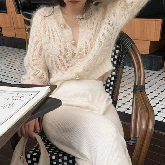 2025 French Style Mohair Cardigan Sweater Women Autumn Sexy Hollow Out Short Knitted Coats Mujer Y2K Chic Design Streetwear Tops