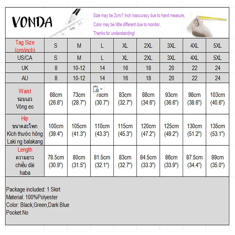 VONDA Plus Size 5XL Elegant Women Satin Skirts High Waist Button Pleated Asymmetrical Maxi Jupes Fashion Solid Long Faldas Saia