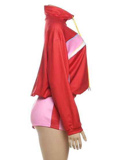 Sisterlinda Panelled Casual 2 Piece Set Hipster Sporty Sweet Zip-up High Collar Full Sleeve Coats+Elastic Waist Shorts Tracksuit