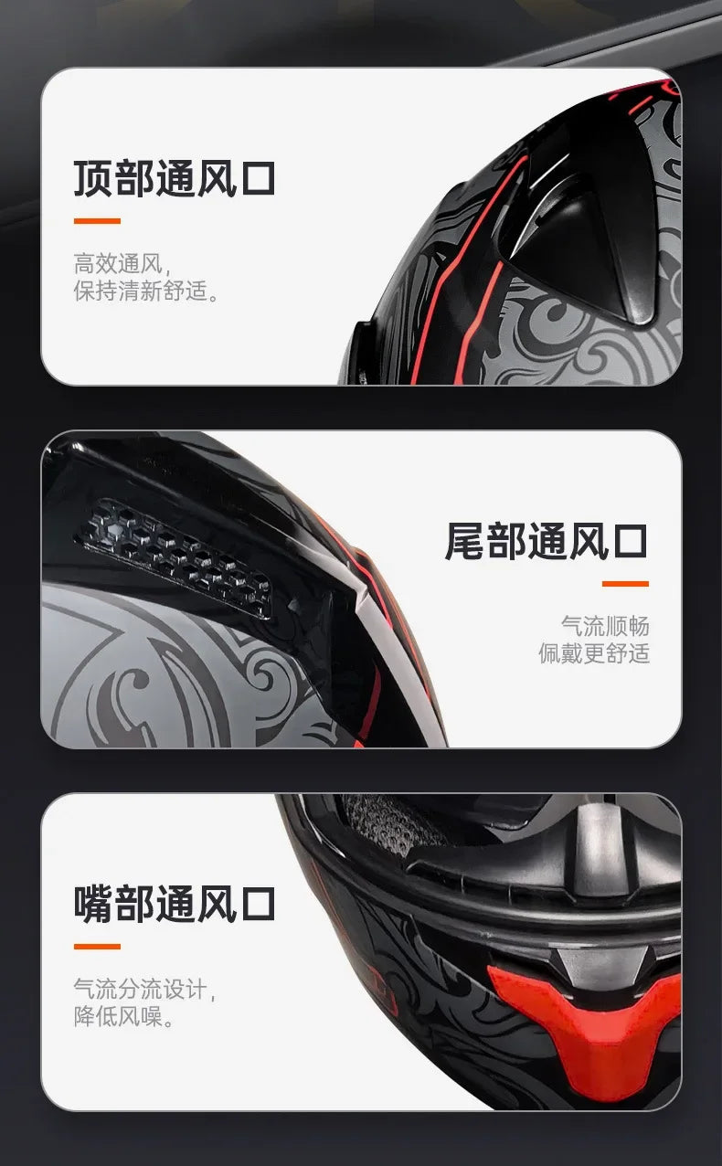 ORZ-103 Motorcycle Dual-Lens Helmet Men Women Bluetooth Full Helmet All Seasons Flip Helmet with Tail Wing DOT Certification