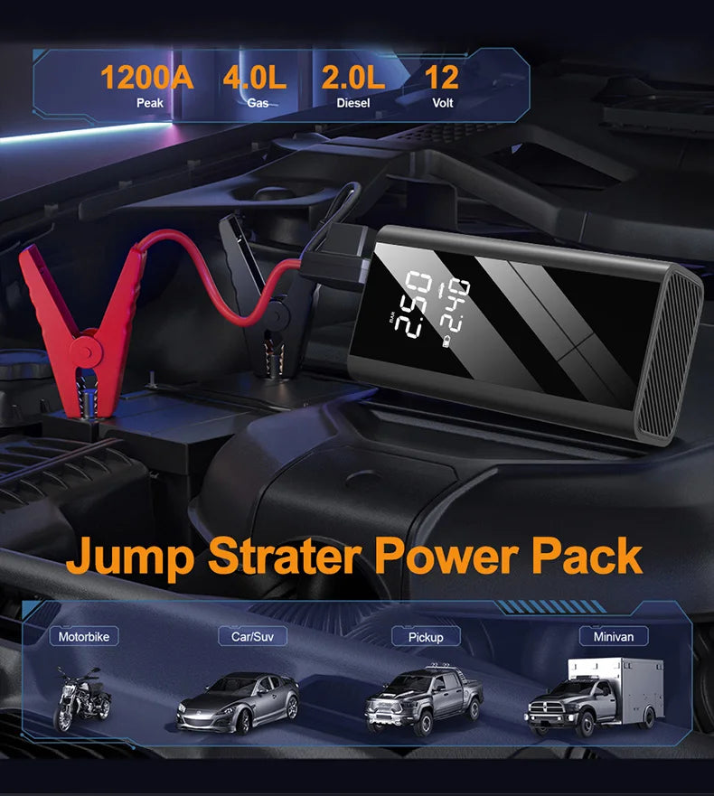 Car Jump Starter With Air Compressor LCD Screen  Portable Booster Charger 1200A Powerful Car Battery Starting Device Car Starter
