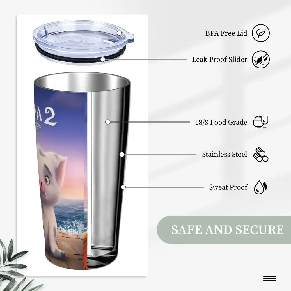 Moana and Pua Cartoon Movie Insulated Tumbler with Straws Stainless Steel Coffee Mugs Double Wall Car Bottle Cups 20oz