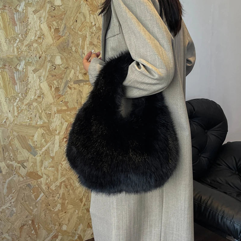 Winter Shoulder Bags Casual Furry for Women Solid Color Soft Plush Ladies Clutch Purse Handbags Lightweight Female Hobos Bag