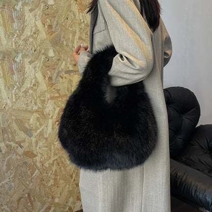 Winter Shoulder Bags Casual Furry for Women Solid Color Soft Plush Ladies Clutch Purse Handbags Lightweight Female Hobos Bag