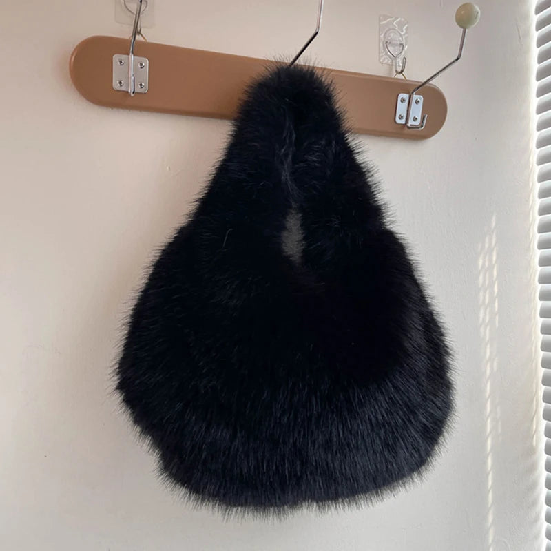 Winter Shoulder Bags Casual Furry for Women Solid Color Soft Plush Ladies Clutch Purse Handbags Lightweight Female Hobos Bag