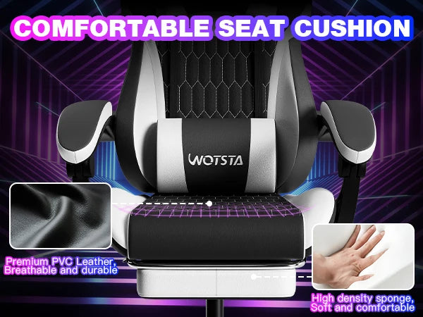WOTSTA Gaming Chair with Footrest Gaming Chairs PVC Leather Ergonomic Gamer Chair with Adjustable Headrest Lumbar Support