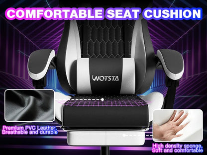 WOTSTA Gaming Chair with Footrest Gaming Chairs PVC Leather Ergonomic Gamer Chair with Adjustable Headrest Lumbar Support