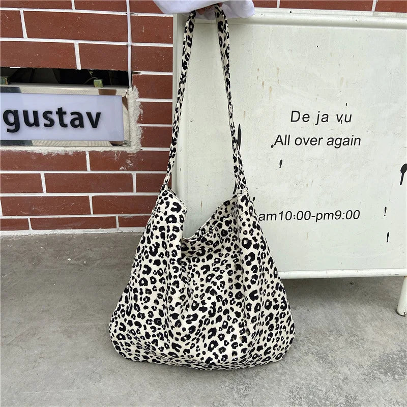 Women's Shoulder Bags Leopard Print Flower Fashionable Trendy Canvas Cross Bags Large Capacity Portable Shopping Shoulder Bags