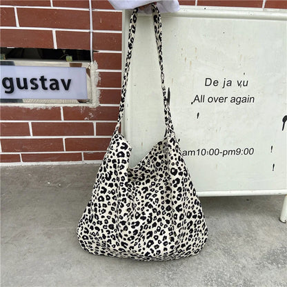 Women's Shoulder Bags Leopard Print Flower Fashionable Trendy Canvas Cross Bags Large Capacity Portable Shopping Shoulder Bags