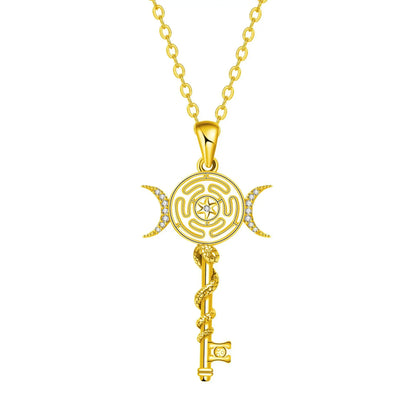 Hekate Wheel Necklace for Women Men 18K Gold Plated Snake Key Triple Moon Goddes Pendant Necklaces Pagan Jewelry