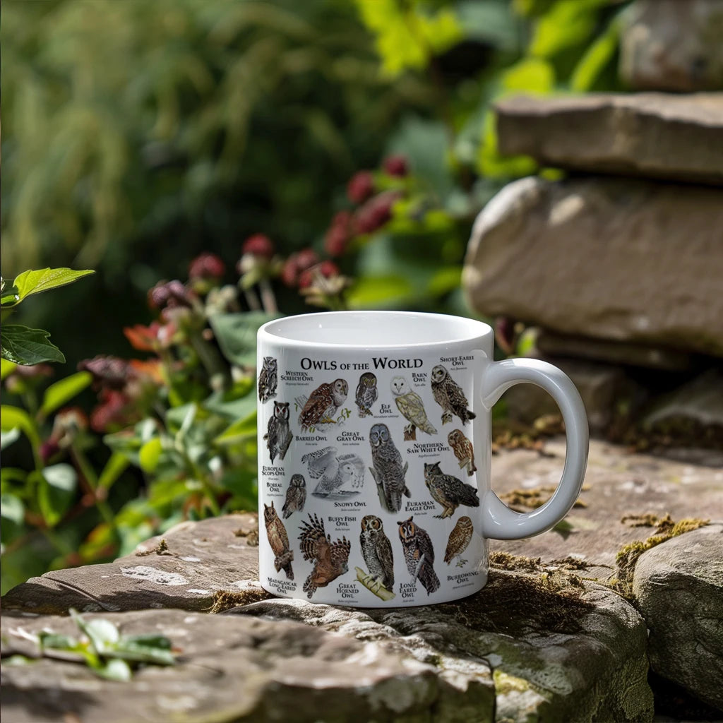 World Owl Illustrated Images coffee mug 11oz ceramic office tea cup Bird Lovers Gift Cup