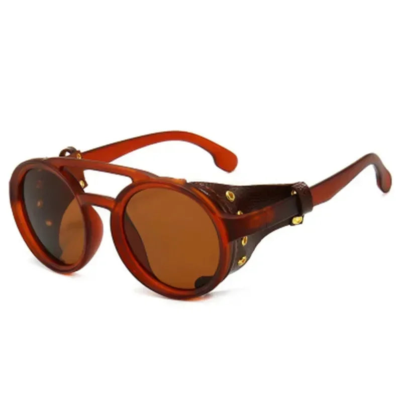 Steampunk Shields Sunglasses Men Women Classic SunGlasses With Side Leather Round Eyewear Pink UV400 Lens