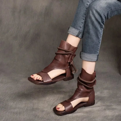 Birkuir High Top Open Toe Sandals For Women Summer Boots Luxury Hollow Out Beach Sandals Genuine Leather Flats Shoes Ladies