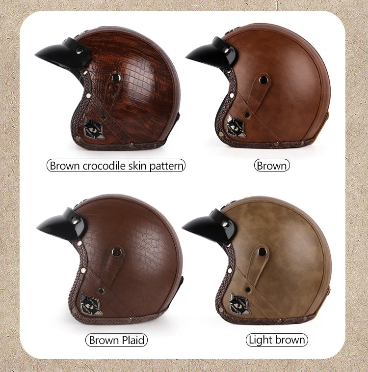 UCHOOSE Retro Motorcycle Helmet PU Leather Open Face 3/4 Chopper Bicycle Helmets Classic Casco Moto Vintage