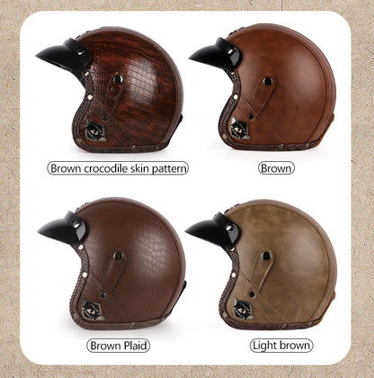 UCHOOSE Retro Motorcycle Helmet PU Leather Open Face 3/4 Chopper Bicycle Helmets Classic Casco Moto Vintage