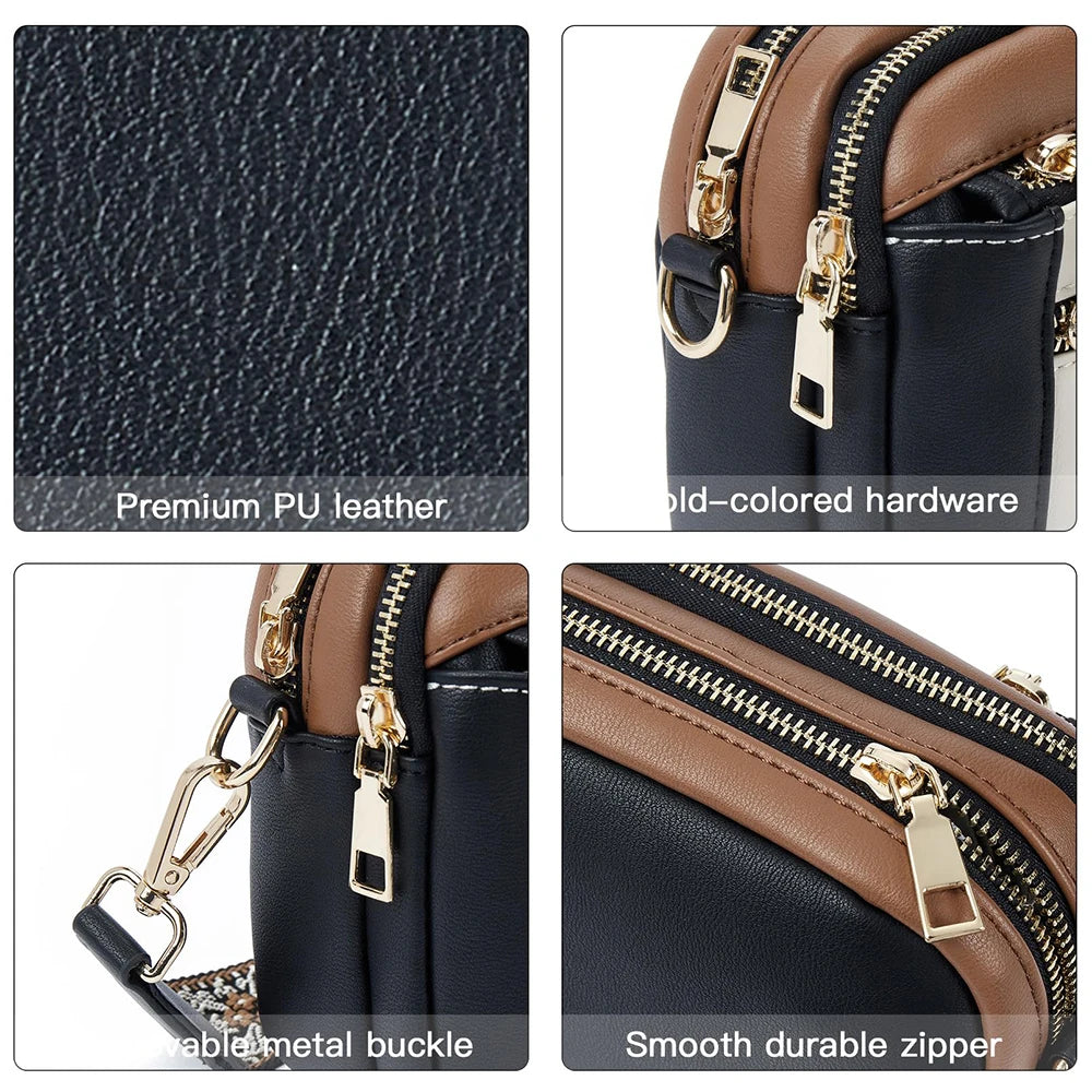 Stylish Wide Strap Shoulder Bag Women's Multiple Pockets Faux Leather Crossbody Bags Adjustable Strap  Travel Handbag Purse
