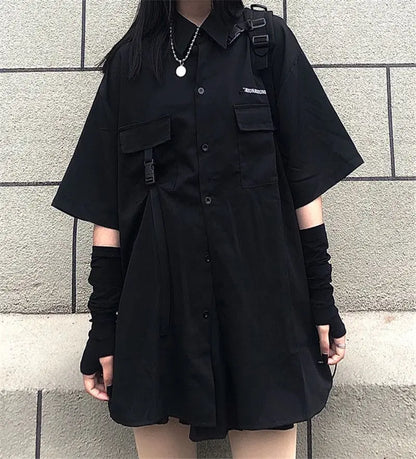 Gothic Skirt Set Loose Shirt Pleated Mini Skirts 2 Piece Sets Korean Retro Casual Outfits Women Spring Summer Aesthetic Y2k Suit