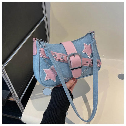 Y2k Hot Girls Denim Shoulder Bags Retro Rivet Star Women's Underarm Bag Portable Female Chain Armpit Bag Small Purse Handbags
