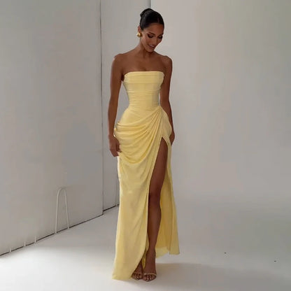 Elegant Yellow Strapless Pleated Dress Women Chic Sleeveless Waist Cinching Split Maxi Gowns 2026 Summer Lady Evening Party Robe