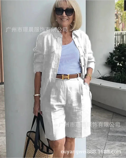 2026 Elegant 2-Piece Sets For Women Womens Cardigan Shirt Top Summer Solid Color Casual Shorts Two Piece New In Matching Sets