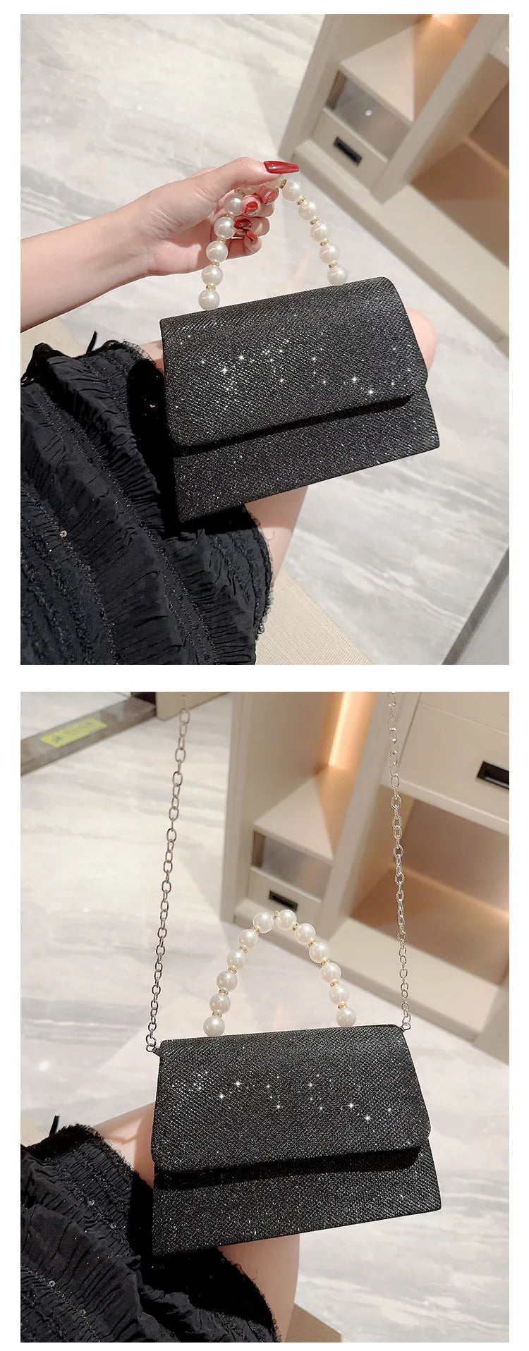 Pearl Chain Shoulder Bags Luxury Purse Gold Bright Silk Evening Bag Women Elegant Fashion Banquet Clutch Female Handbag bolsa